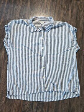 ORVIS Linen & Rayon Blue & White Striped Blouse SIZE L